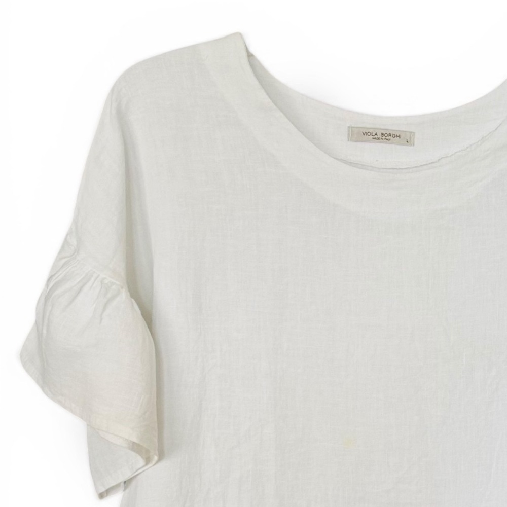 Viola Borghi Size Large White 100% Linen Top Short Ruffled Sleeves - Picture 4 of 5